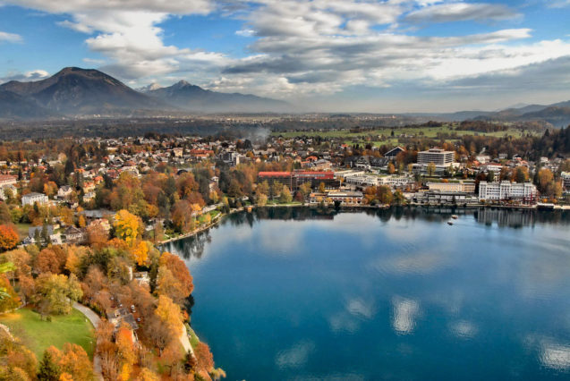 View of the town of Bled from Bled Castle in the autumn