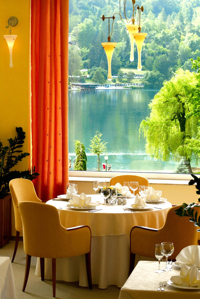 Labod restaurant features a wonderful view across Lake Bled