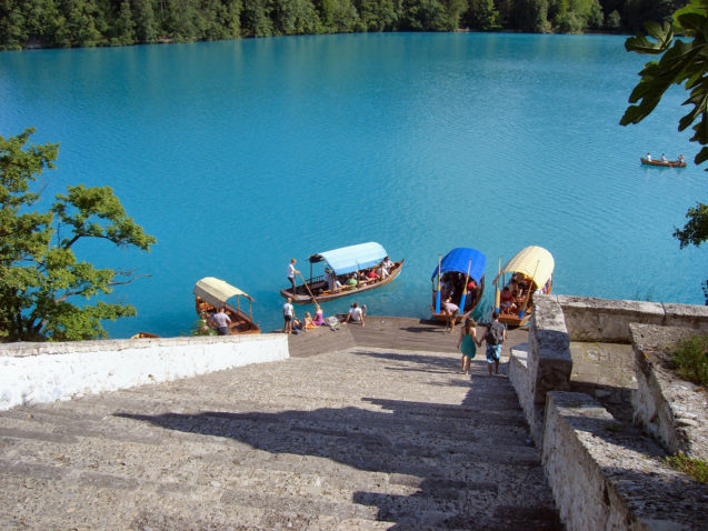 Traditional gondola-like wooden boats, called Pletna at Lake Bled