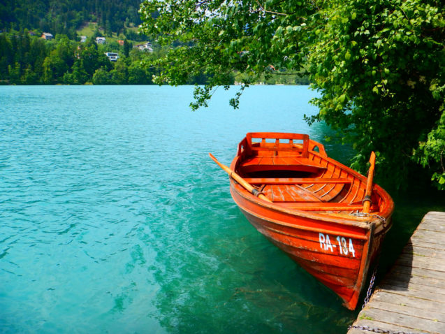 A wooden rowboat at Lake Bled in Slovenia