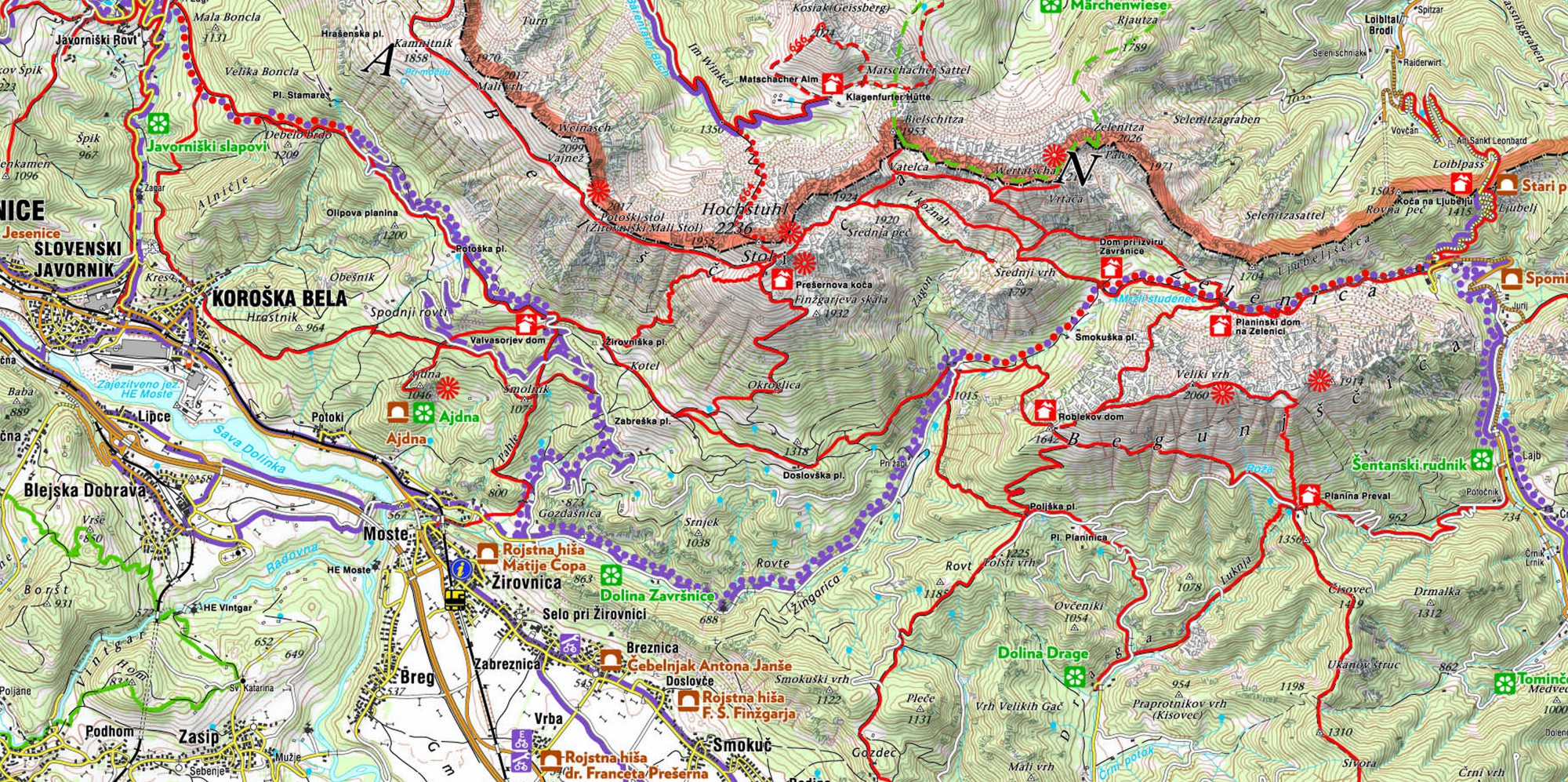 Map of Karavanke Mountainbike tracks, hiking paths and climbing centres