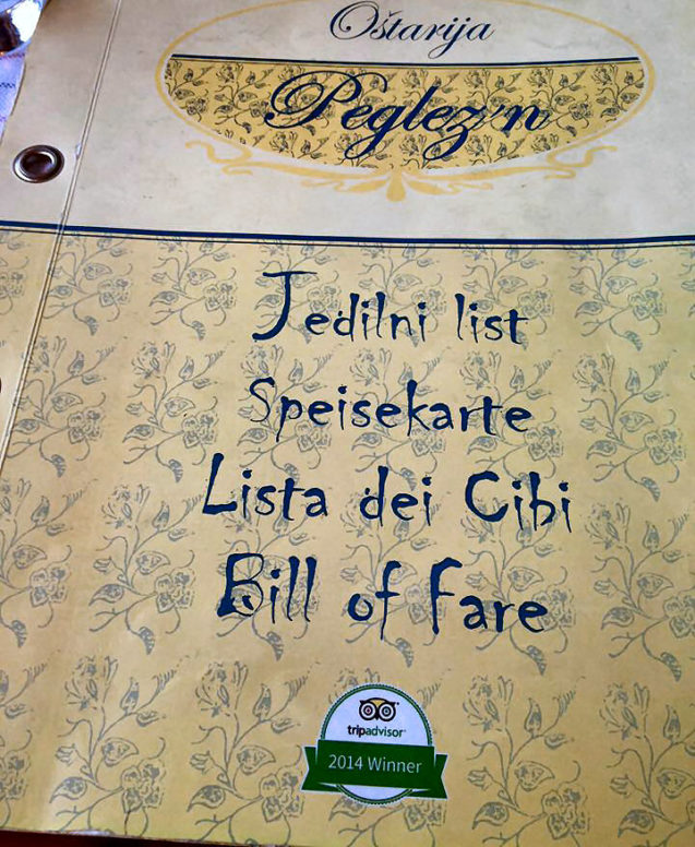 Bill of fare at Restaurant Ostarija Peglezn in Bled, Slovenia