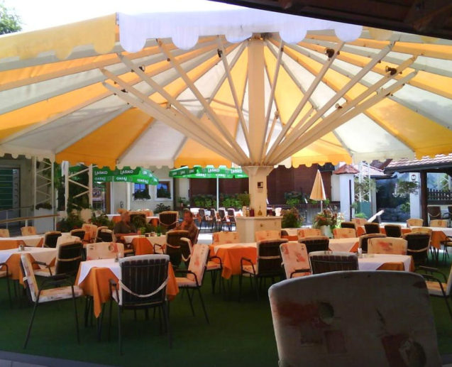 An outside terrace at Restaurant Avsenik in Slovenia