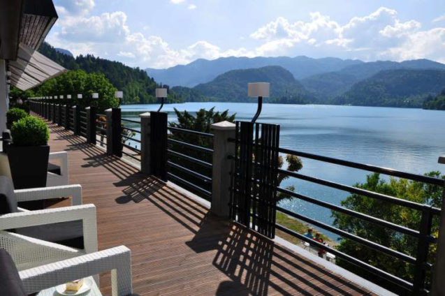 View of Lake Bled from the terrace at Restaurant Cafe Park in Bled