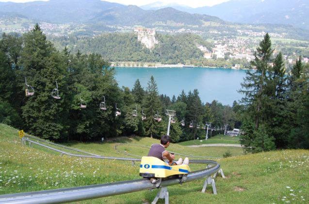 Summer sledding on the Straza ski slope above Lake Bled