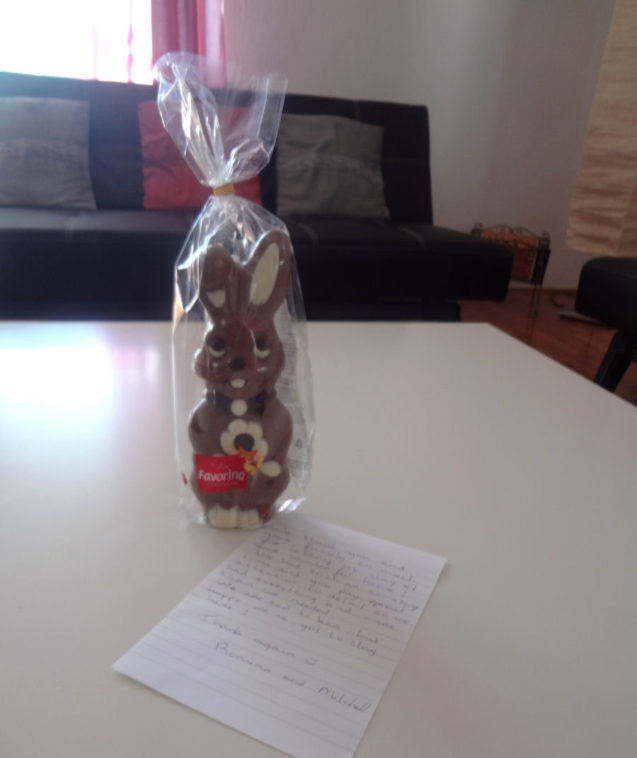 The most adorable chocolate bunny and a handwritten thank you note