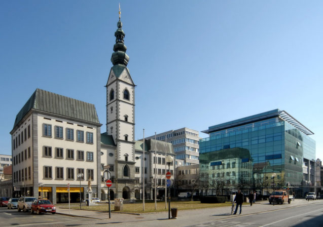 Cathedral square (Domplatz) with Cathedral and city parish church Saints Peter and Paul in Klagenfurt, Carinthia, Austria