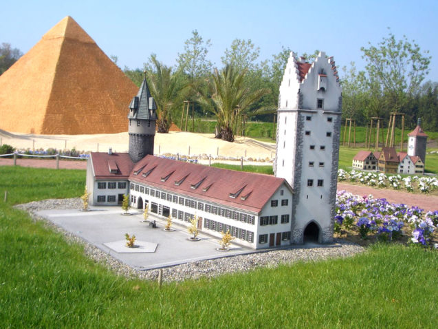 Model of the Ravensburg's Frauentor, Bauhütte and green tower at Minimundus, Klagenfurt, Austria 