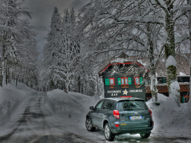 Restaurant and bar near the Laghi di Fusine lakes in winter