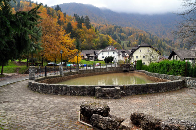 Reservoir and remains of the Lower Ironworks from the 16th century in the village of Kropa, Slovenia