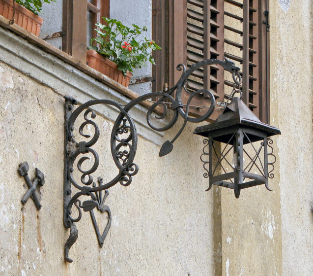 Hand forged street lamp in the village of Kropa, Slovenia