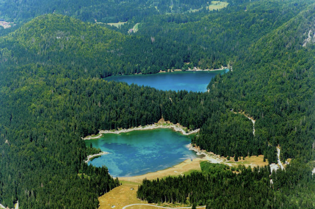 Laghi di Fusine Lakes are two glacial lakes, the Lago lnferiore and Lago Superiore