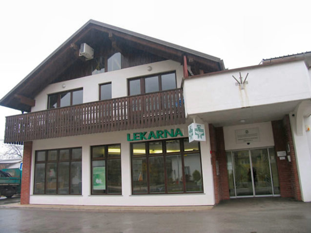 Exterior of Lekarna Zirovnica pharmacy in Slovenia