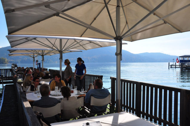 Lido bridge with café on the Friedelstrand in Klagenfurt on the Lake Woerth, Carinthia, Austria