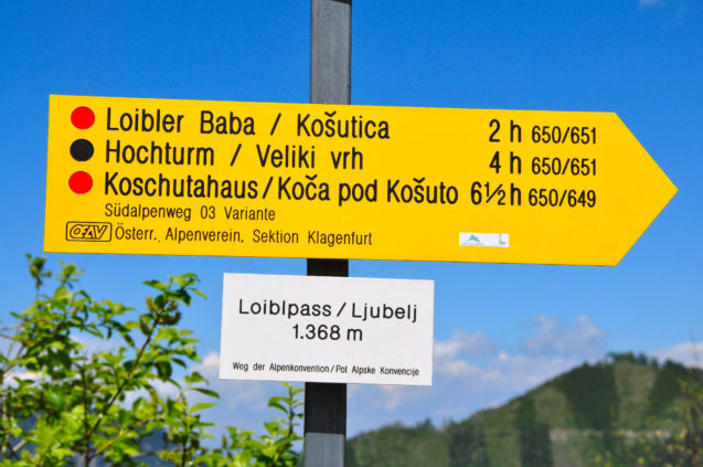 Marker on the on the Old Loibl mountain pass