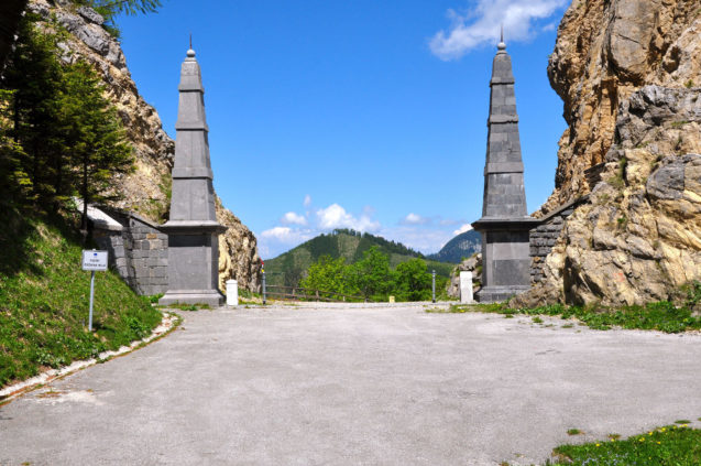 Mountain pass Old Loibl with obelisks marking the Austrian/Slovenian borderline