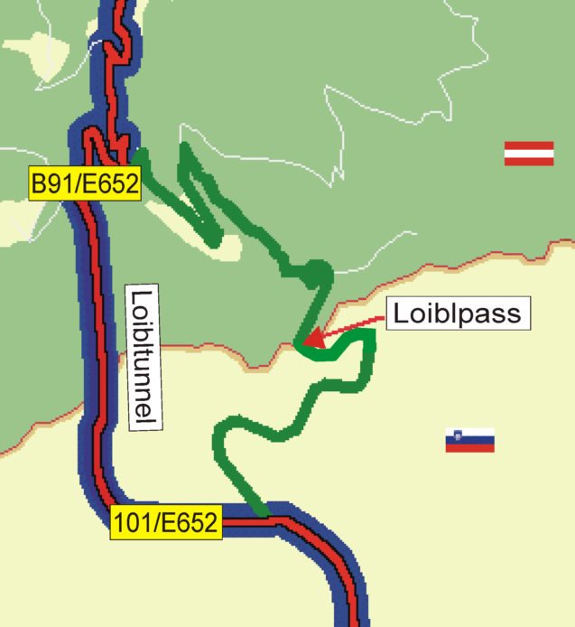 A map showing the road over the Loibl Pass