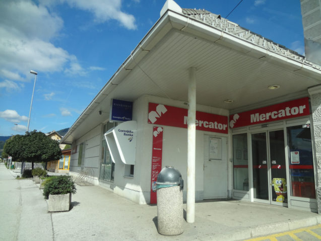 Exterior of Mercator Market grocery store in Zirovnica, Slovenia