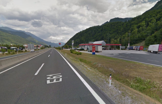 Exterior of Petrol Hrusica motorway south gas station in Slovenia