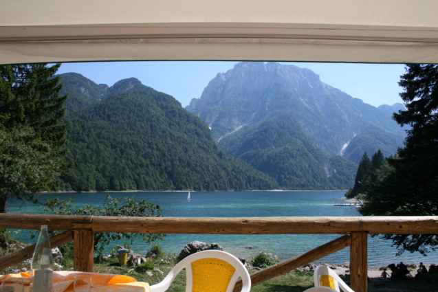 View of the Predil lake from the restaurant next to the lake