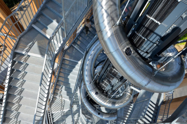 Slide, elevator and staircases of the Pyramidenkogel observation tower