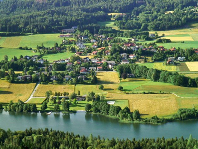 View from the Sattnitz ridge at the Rauschelesee lake, Carinthia, Austria