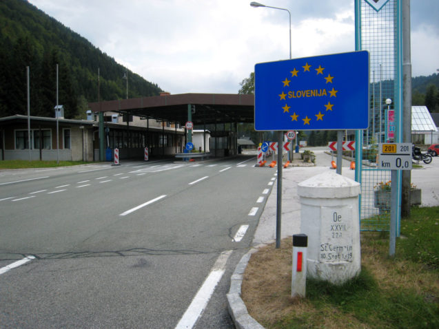 The Slovenian sign and border post at the Wurzen Pass