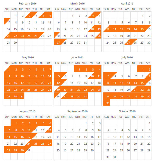 Availability Calendar for 2016
