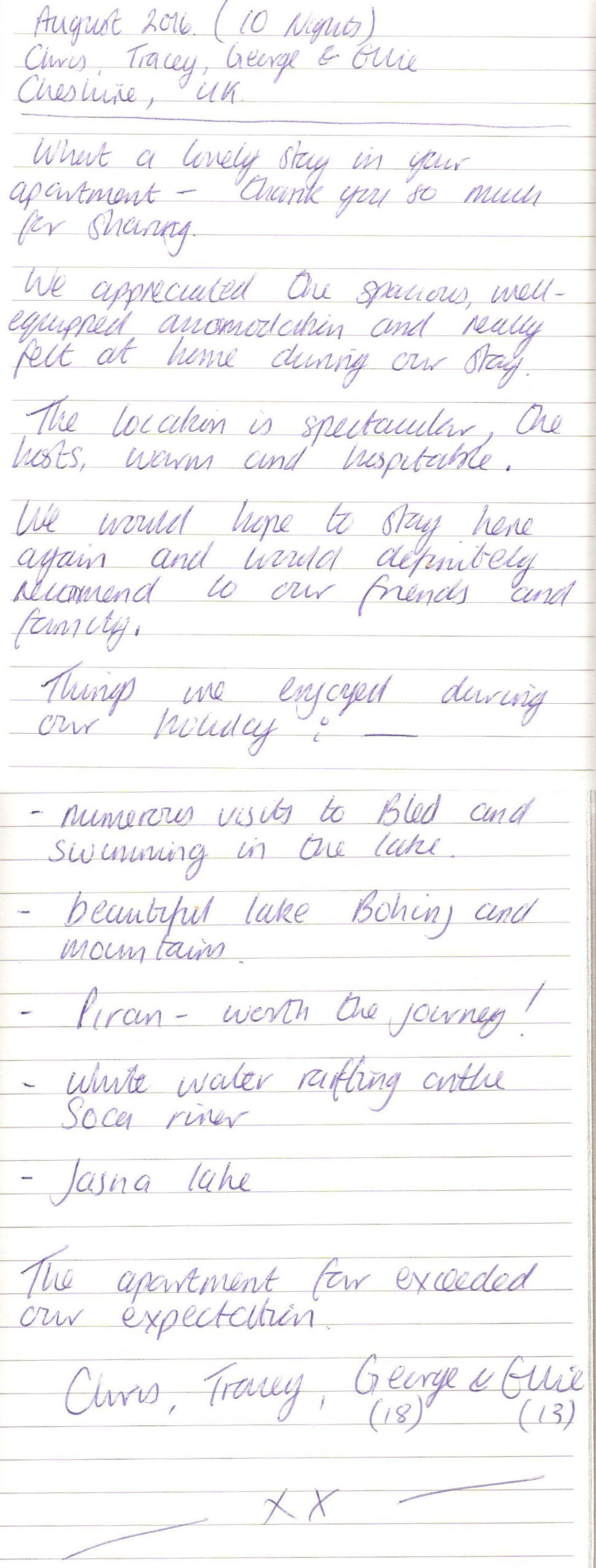 Notes that our guests have written in our guest book this summer