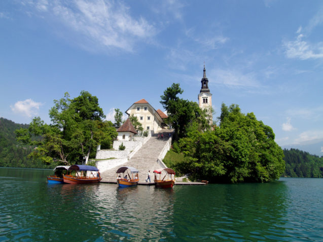Bled island with 99 stairs in the middle of Lake Bled in Slovenia