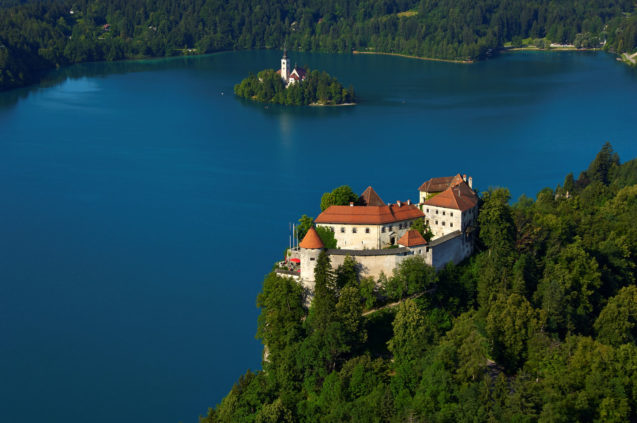 Aerial view of Bled Castle and Lake Bled, Slovenia