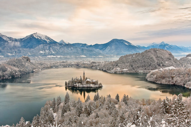 Elevated view of Lake Bled in winter
