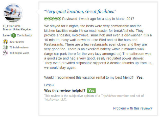 A Trip Advisor review of Apartments Fine Stay Bled by Geoff