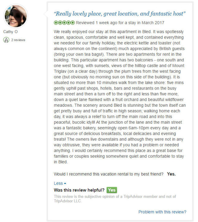 A Trip Advisor review of Apartments Fine Stay Bled by Cathy