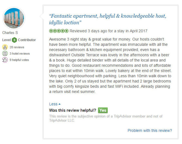 A Trip Advisor review of Apartments Fine Stay Bled by Charles