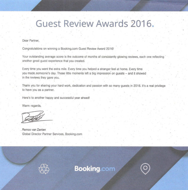 Guest Review Awards 2016 letter from Booking