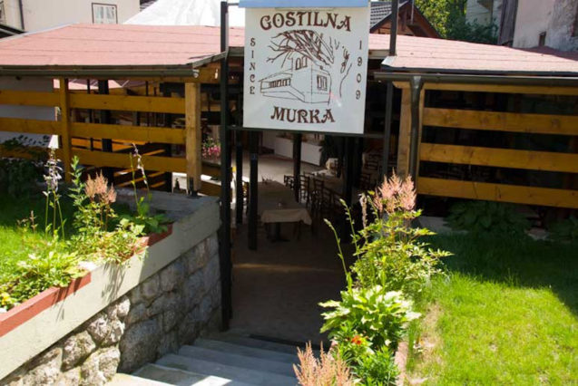Entrance to the terrace of the Gostilna Murka restaurant in Lake Bled, Slovenia