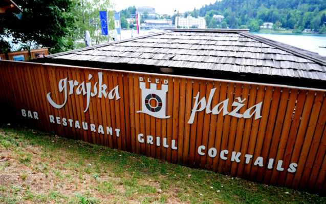 Exterior of Grajska Plaza Restaurant and Cafe at Lake Bled in Slovenia