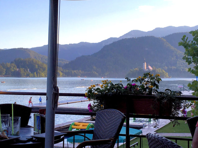 A view of Lake Bled from Grajska Plaza Restaurant and Cafe in Bled, Slovenia