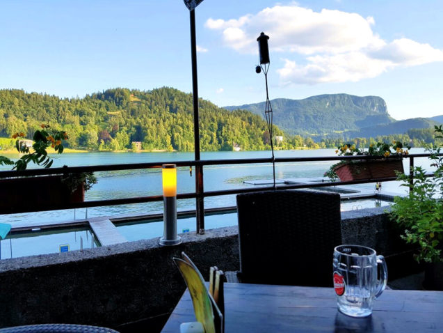 A view of Lake Bled from Grajska Plaza Restaurant and Cafe in Bled, Slovenia