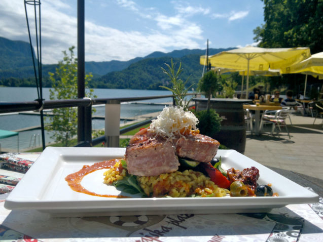 A view of Lake Bled from Grajska Plaza Restaurant and Cafe in Bled, Slovenia