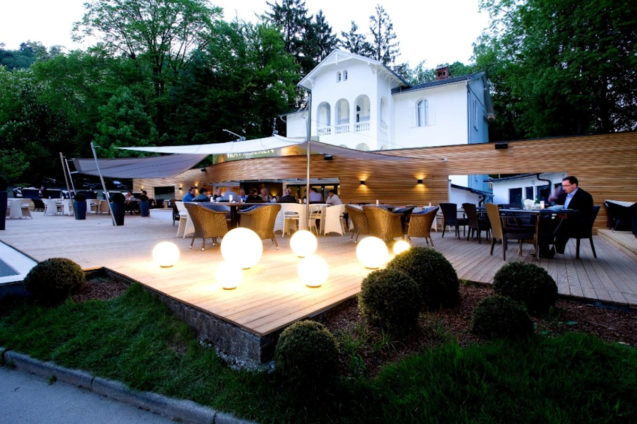 Exterior of the Vila Preseren Restaurant and Cafe in Lake Bled, Slovenia