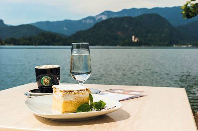 Cream cake with a view at the Vila Preseren Restaurant and Cafe in Bled, Slovenia