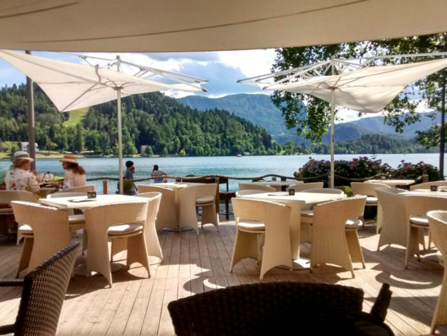A lake side terrace of the Vila Preseren Restaurant and Cafe in Lake Bled, Slovenia