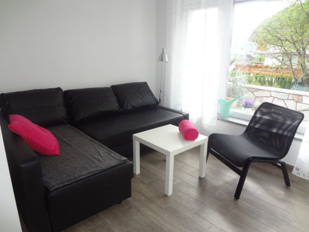 A sofa in the living area of the ground floor apartment located near Lake Bled, Slovenia