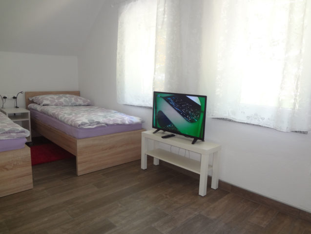 Two single beds and a flat screen TV in the second bedroom of the Fine Stay Apartment