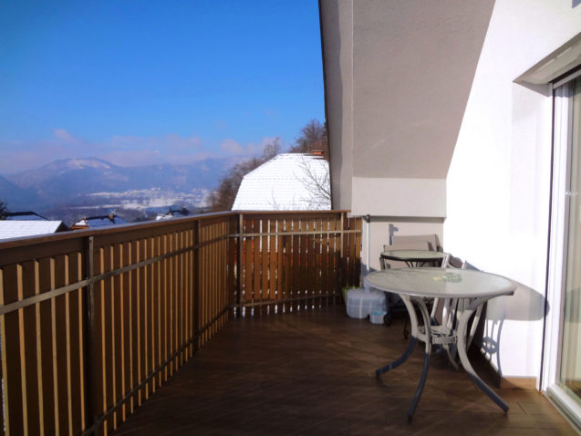 A wintry view towards the Slovenian Alps from the balcony of Apartments Fine Stay in Slovenia