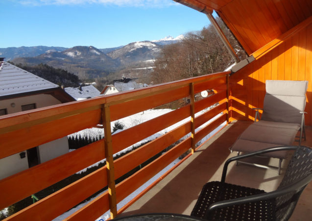 A wintry view of the Slovenian Alps with Mount Triglav from the balcony of Apartments Fine Stay in Slovenia