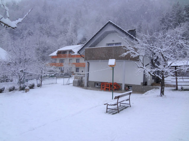 Exterior of Apartments Fine Stay in the Lake Bled area of Slovenia in the winter time during snowing