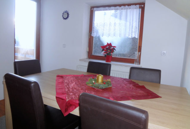 A beautiful red poinsettia in the dinning area at Christmas time